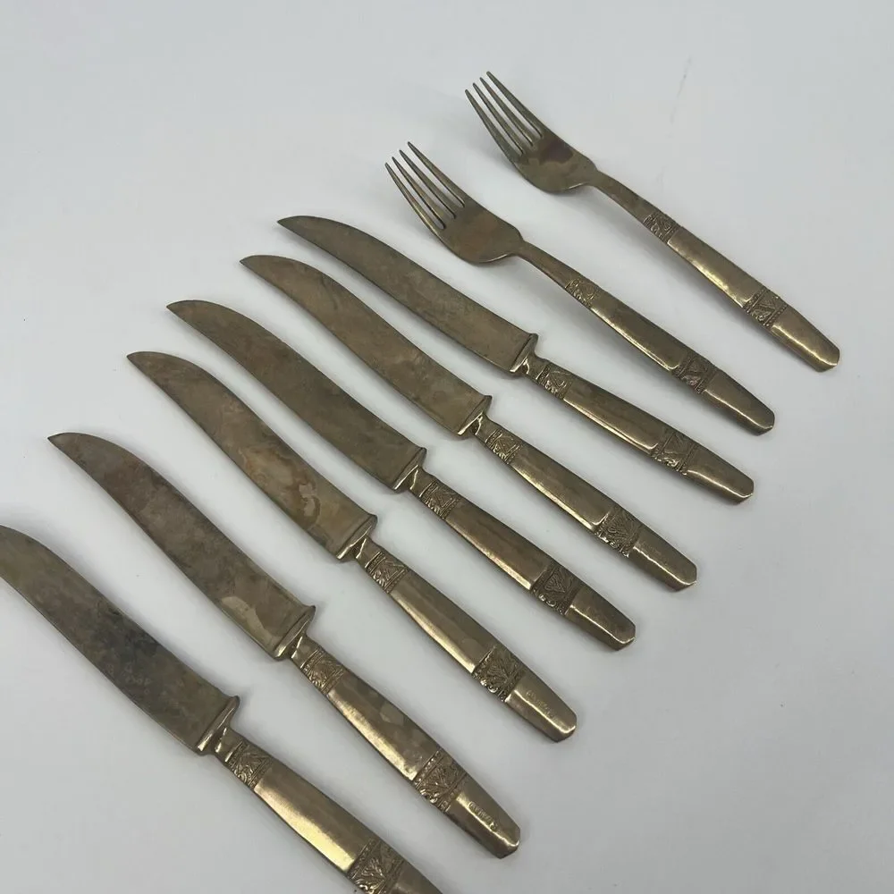 6 Vintage Brass‎ Dinner Knifes And 2 Forks Stamped S Thailand